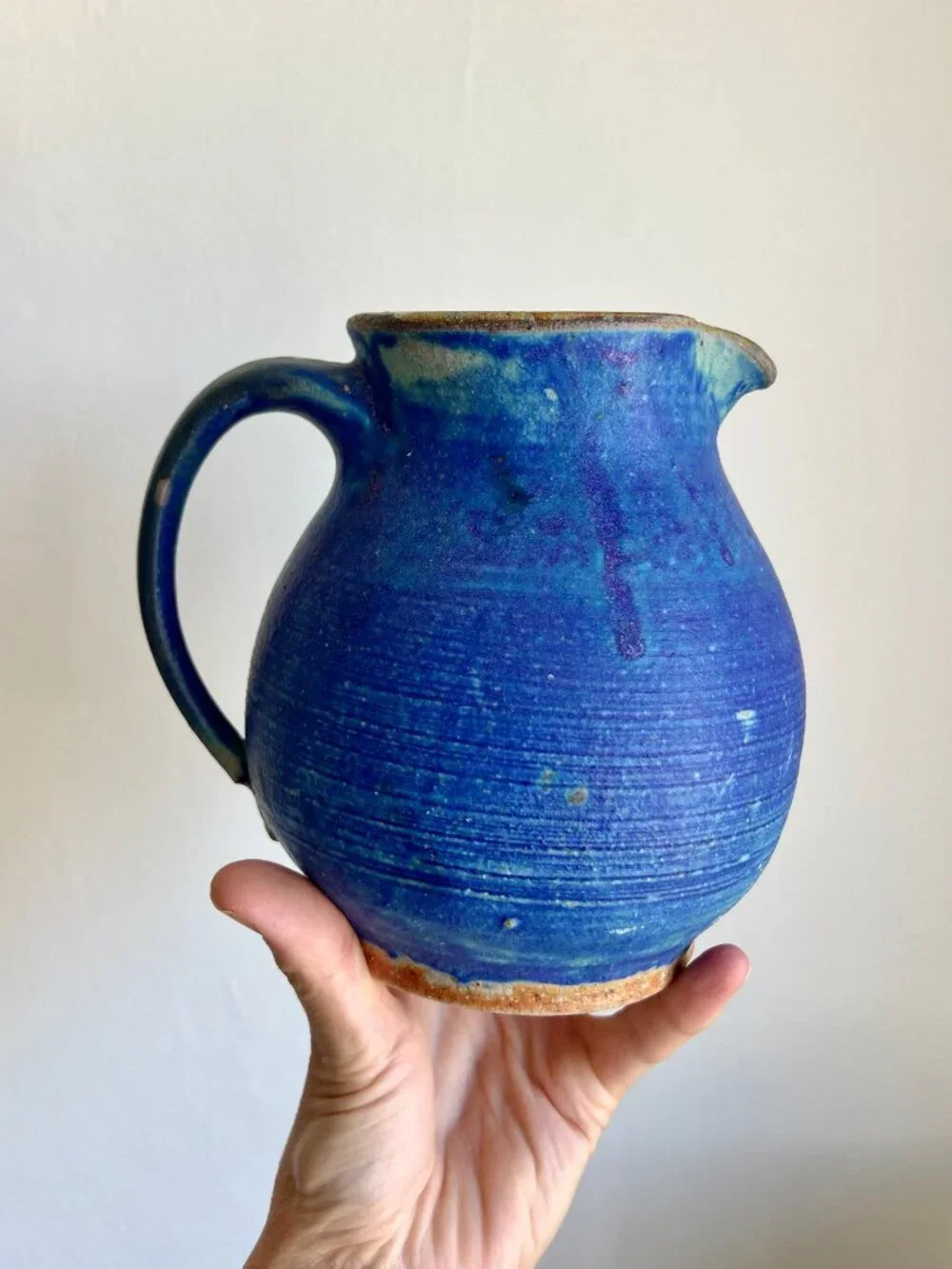 Vintage Studio Pottery Cerulean Blue Pitcher Vase Signed Hand Thrown Stoneware